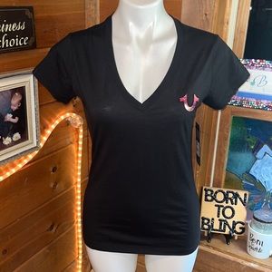 True Religion Black deep sexy V neck t-shirt EMBOSSED FRONT & BACK NWT